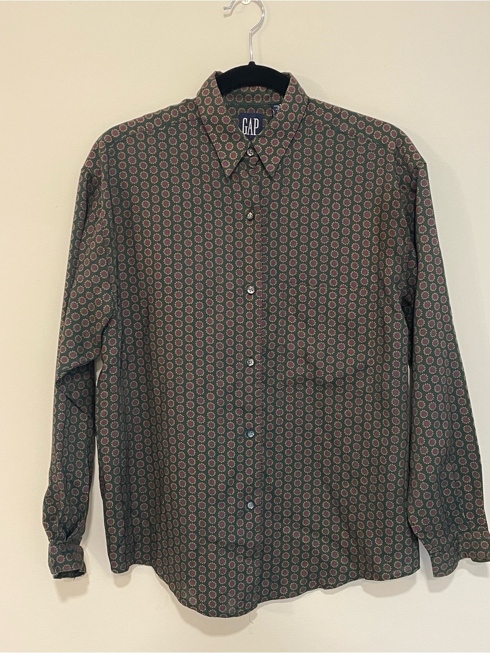Vintage GAP 90s Rayon Medallion Geometric Shirt Small Green Red Long Sleeve